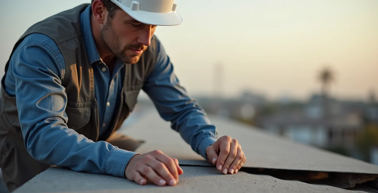 Vue photo-réaliste d’une inspection minutieuse de toiture avec mise en valeur des matériaux et vérifications, en lumière douce naturelle.