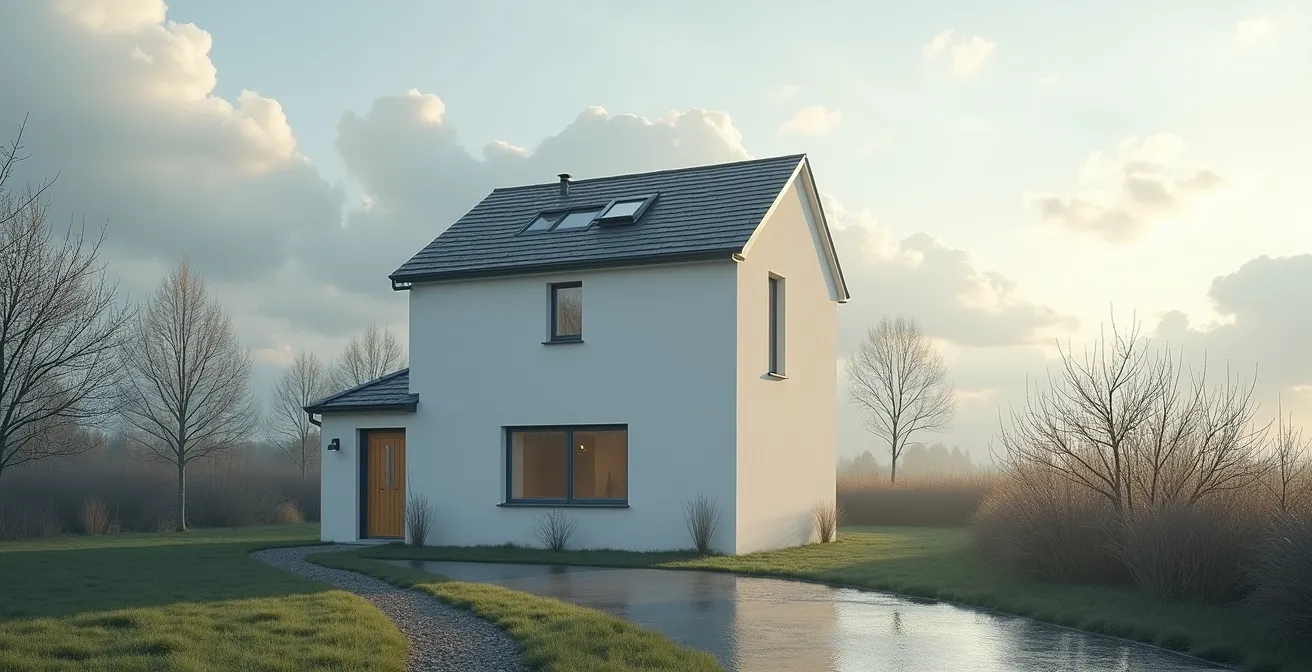 Photo réaliste d'une maison avec zones d'infiltration illustrée par jeu d'ombre et lumière représentant la propagation des dégâts