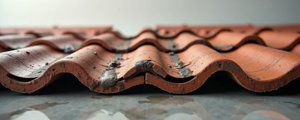 Vue photo-réaliste d'une toiture avec des signes subtils de malfaçon invisible, texture des matériaux endommagés, ambiance dramatique et lumière naturelle cinématographique