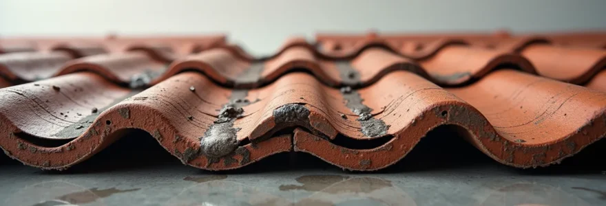 Vue photo-réaliste d'une toiture avec des signes subtils de malfaçon invisible, texture des matériaux endommagés, ambiance dramatique et lumière naturelle cinématographique