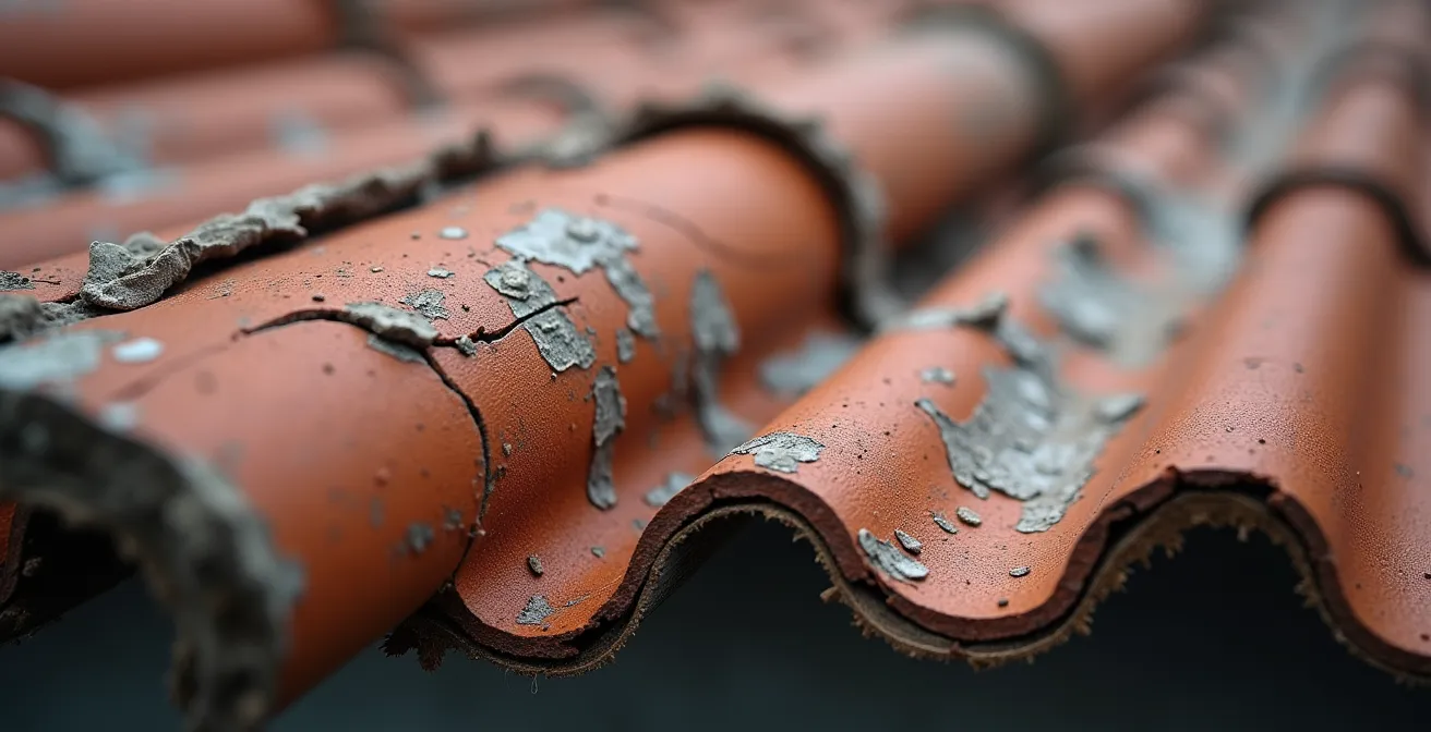 Détail macro photo-réaliste d'une texture de revêtement de toiture détérioré avec jeu de lumière subtil