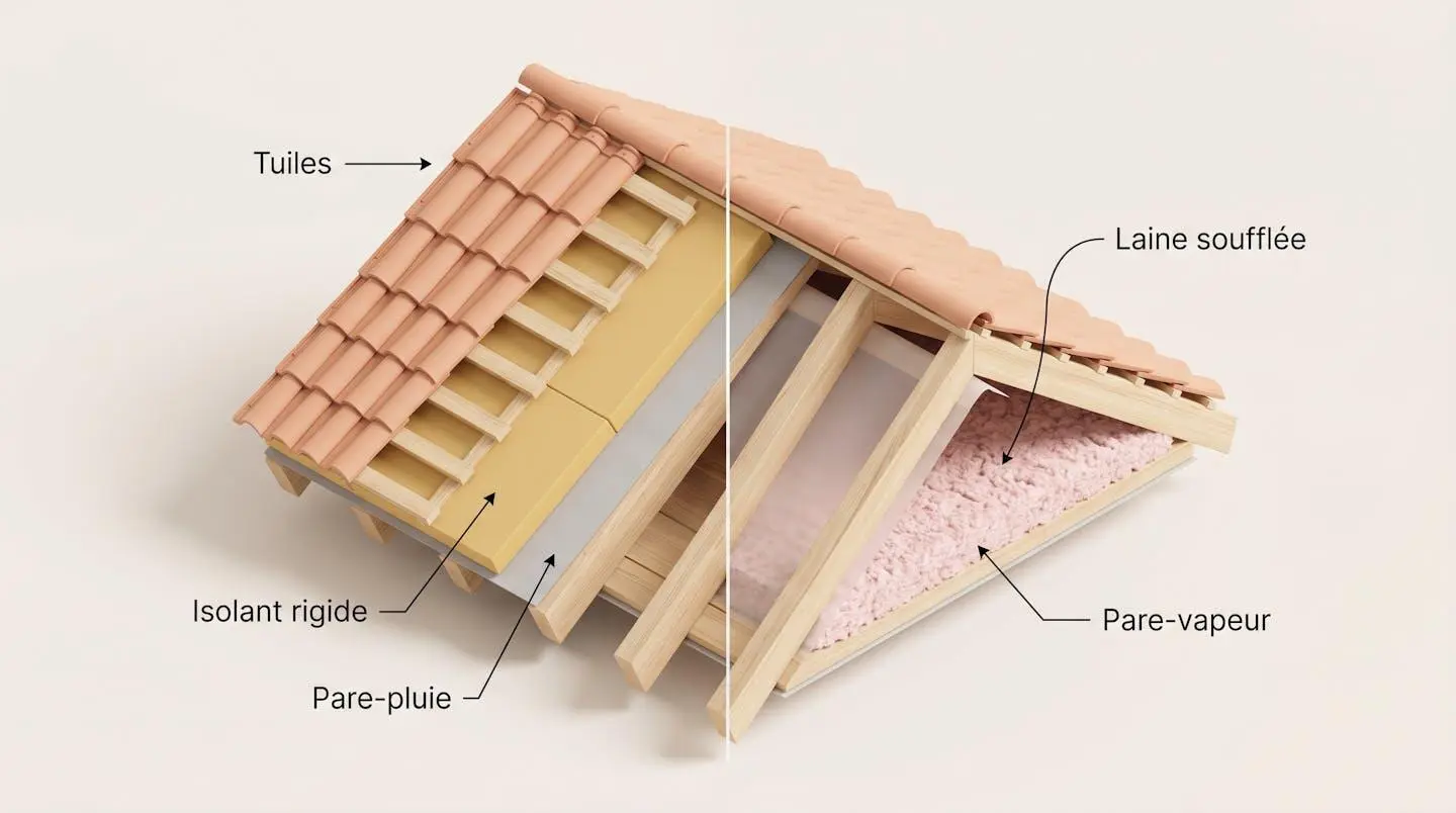 Schéma isométrique en coupe d'une toiture montrant deux techniques d'isolation : sarking par l'extérieur avec couches superposées à gauche, et isolation par soufflage de laine minérale dans les combles à droite, avec annotations en français
