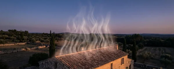 Vue aérienne d'une maison provençale aux tuiles canal dans la campagne vauclusienne au crépuscule, avec une brume thermique stylisée s'élevant de la toiture symbolisant les déperditions de chaleur