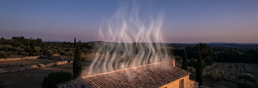 Vue aérienne d'une maison provençale aux tuiles canal dans la campagne vauclusienne au crépuscule, avec une brume thermique stylisée s'élevant de la toiture symbolisant les déperditions de chaleur